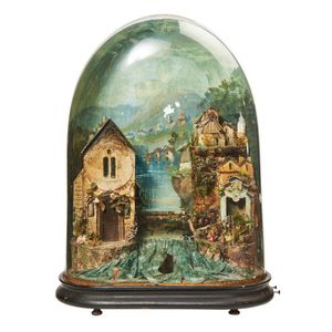 A French glass cased automaton, circa 1900, village scene with…