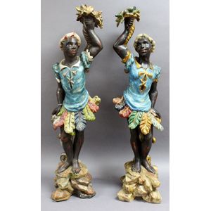 Pair of antique painted small Blackamoor statues holding…