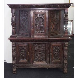 Gothic Revival Carved Oak Single Door Cabinet with Drawer