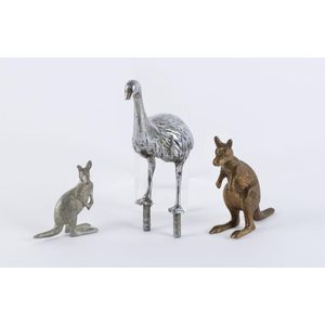 An emu car mascot and two cast metal kangaroo statues, early to…