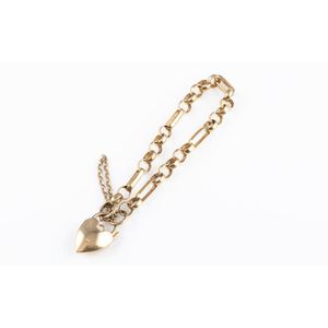 A 9ct gold padlock bracelet, belcher and oval links to an heart…