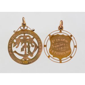 Two antique 9ct gold fob medallions, 'St. Crispin, Premiers…