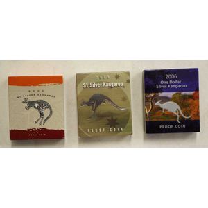 Three Australian $1 silver kangaroo proof coins 2003, 2005 and…