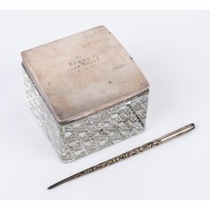 An English sterling silver topped glass inkwell and quill in…