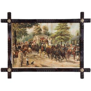 A pair of coloured prints in brass mounted chip carved frames,…