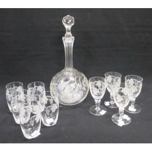 A Victorian glass decanter with fern leaf pattern & nine vine…