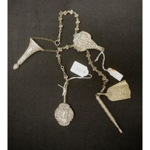 Antique silver plate chatelaine chain, with attachments of…
