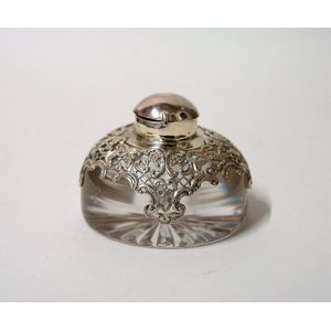 A late Victorian silver mounted glass paperweight inkwell,…