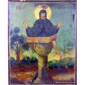 An antique Greek Orthodox icon of Saint Simeon Stylites, 18th…