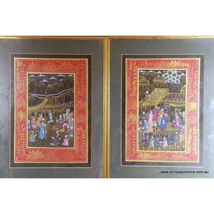 A pair of Persian miniature paintings, in colours and gold on…