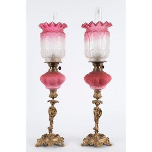 A pair of antique piano sconce kerosene oil lamps with ruby…