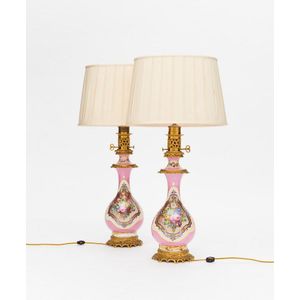 A pair of French 19th century oil lamps, Madeleine Castaing,…