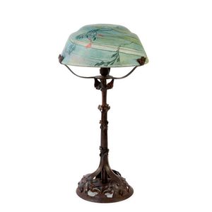 A wrought iron and enamelled cameo glass table lamp by Muller&hellip;