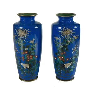Pair Japanese cloisonne vases. Blue ground decorated with…
