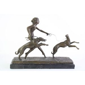 Bronze on marble of lady walking dogs after M. Bouraine, Art…