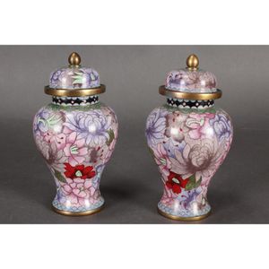 Pair of cloisonne vases and covers, of baluster form, decorated…