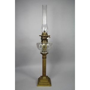 Antique oil lamp, clear glass reservoir, 80 cm high