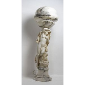 A sculptured alabaster maiden figured electrified lamp. 85 cm…
