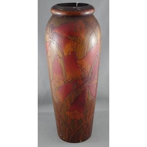 Large Australian pokerwork vase with floral decoration, 30 cm…