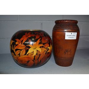Two pokerwork vases, one decorated with Egyptian scene, approx…
