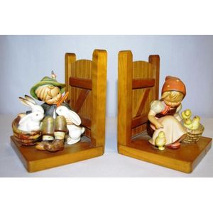 Hummel Goebel timber bookends, boy with rabbits and girl…