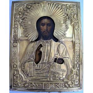Fine antique Russian icon gilt metal oklad Christ, the timber…