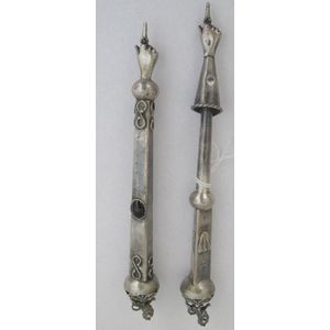 Two silver yads (torah pointers) 16 cm & 17 cm long, with lion…