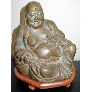 Bronze Buddha on Hardwood Stand (20cm) - Bronze - Oriental