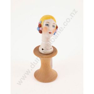 German Art Deco china half head doll, bust of lady with yellow…