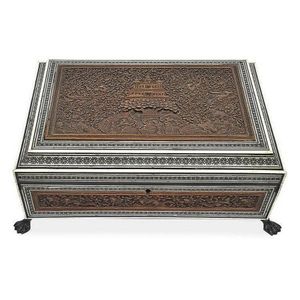 An Anglo Indian sandalwood and sadeli mosaic sewing box, mid…