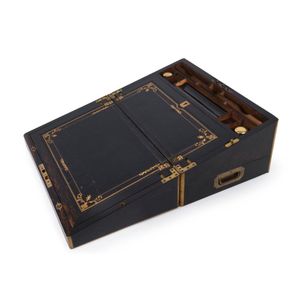 A fine antique travelling writing box, brass bound coromandel…