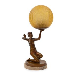 An Art Deco lamp with bronze female nude base on white onyx…