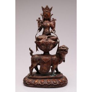 Bronze seated Tara on lion base, seated on a lion dog, height&hellip;