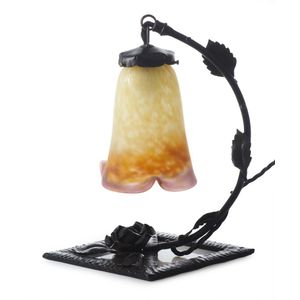 A Muller Freres Art Deco lamp, circa 1920, with a mottled glass…