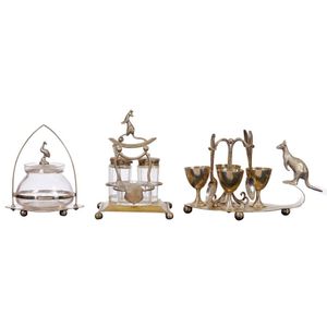 Two silver plated cruet sets and a jam jar, one cruet set with…