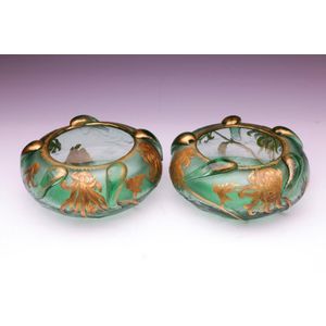 Pair of Jules Mabut Art Nouveau green glass bowls with gilt…