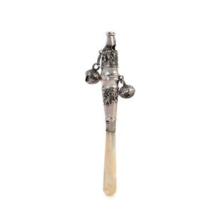 An English sterling silver baby rattle with whistle end and…