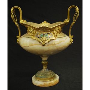 French Champleve enamel, gilt-bronze & marble urn with twin…