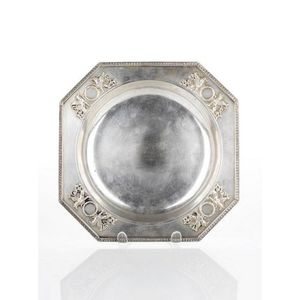 Faberge silver dish of hexagonal form, decorated with griffons,…