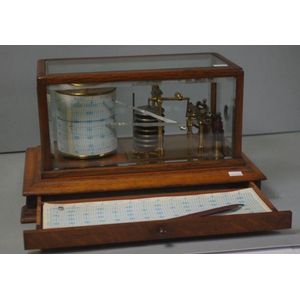 Antique wood & glass cased barograph, brass, enclosed in glass…