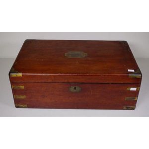 Vintage cedar writing slope, brass bound exterior, (worn), with…