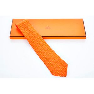 Hermes, orange printed silk tie, labelled 'Hermes, Made in&hellip;