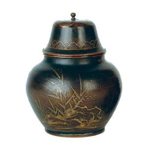 A Japanese mixed metal tea caddy, ovoid shape with tall domed…