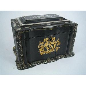 A Victorian Japanned, gilt and mother of pearl tea caddy,…