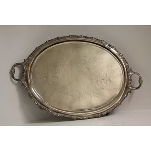 A large English Sheffield plated twin handled tray. 86 x 57 cm.