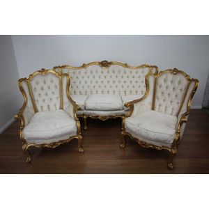 Antique French Louis XV Fauteuil Suite Sofa 2 Arm Chairs Original Tapestry  1860