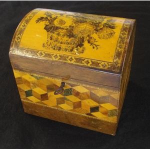 Tunbridge ware tea caddy, with fitted interior, 14 cm x 11.5 cm,…
