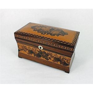 A Victorian Tunbridge ware tea caddy with flower and leaf…