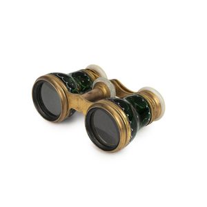 A pair of French opera glasses, finely enamelled in emerald…