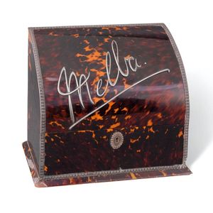 A Victorian tortoiseshell writing box the domed lid overlaid…